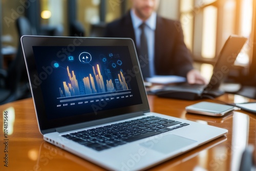  Un portátil con gráficos de datos en la pantalla, colocado sobre una mesa de oficina con un hombre desenfocado trabajando en el fondo. 