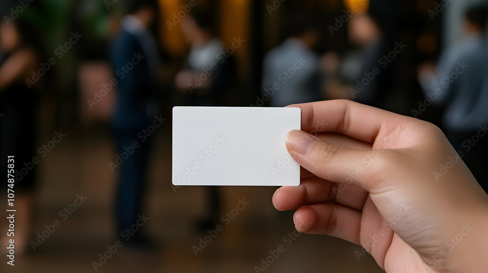 A hand holds a blank card in a busy networking event, symbolizing opportunities and connections being made among professionals in a social atmosphere A hand holds a blank card in a busy networking event, symbolizing opportunities and connections being made among professionals in a social atmosphere