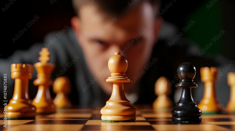 A strategic chess match in progress with focus on the king's pawn against a dark opponent's pawn in a competitive setting A strategic chess match in progress with focus on the king's pawn against a dark opponent's pawn in a competitive setting