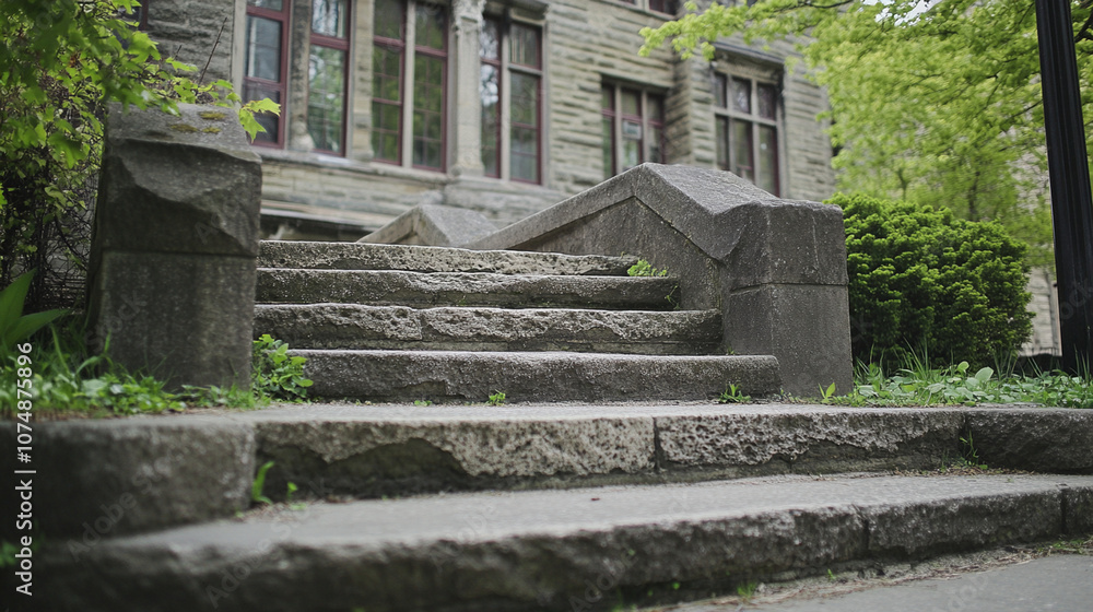 Close shot of stone steps, eroded in the center from centuries of use, leading up to a historic building. Close shot of stone steps, eroded in the center from centuries of use, leading up to a historic building.