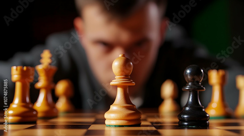 A strategic chess match in progress with focus on the king's pawn against a dark opponent's pawn in a competitive setting photo