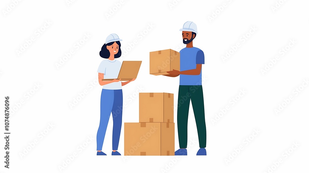 Two warehouse workers, a man and a woman, are managing boxes, indicating teamwork in logistics and inventory management.