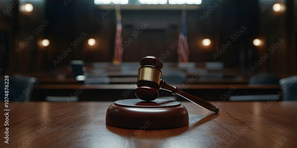 A wooden gavel rests on a polished mahogany desk in a solemn courtroom, with American flags subtly illuminated in the background during a civil proceeding at midday A wooden gavel rests on a polished mahogany desk in a solemn courtroom, with American flags subtly illuminated in the background during a civil proceeding at midday