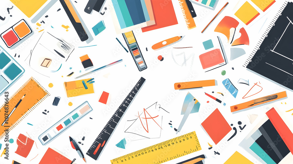 A flat lay of various colorful stationery and art supplies on a white background. A flat lay of various colorful stationery and art supplies on a white background.