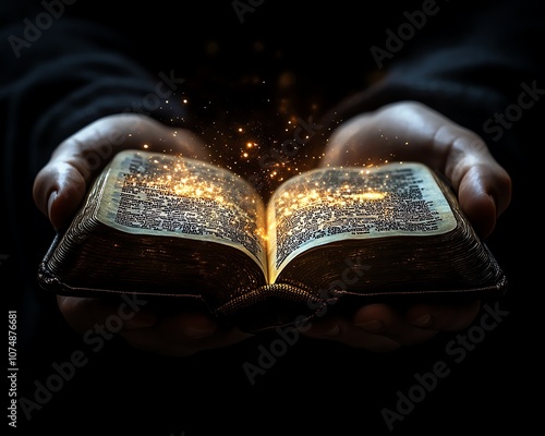 Hands holding an open Bible, symbolizing the Christian spirit and devotion to God s teachings, closeup, generative AI, calm and sacred tone photo