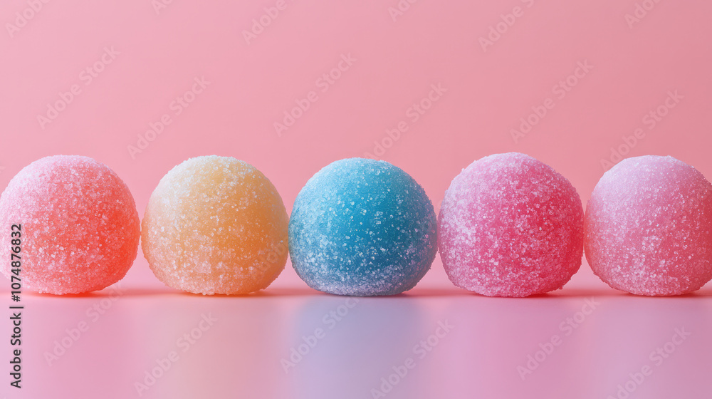 Obraz premium Minimalist composition of colorful mochi pieces arranged in a row on a clean surface, with soft, natural shadows,