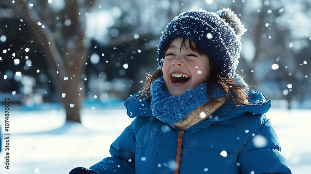 A child laughing in a snow-covered park, dressed in a bright blue winter jacket, wool hat, and scarf, snowflakes filling the air around. A child laughing in a snow-covered park, dressed in a bright blue winter jacket, wool hat, and scarf, snowflakes filling the air around.