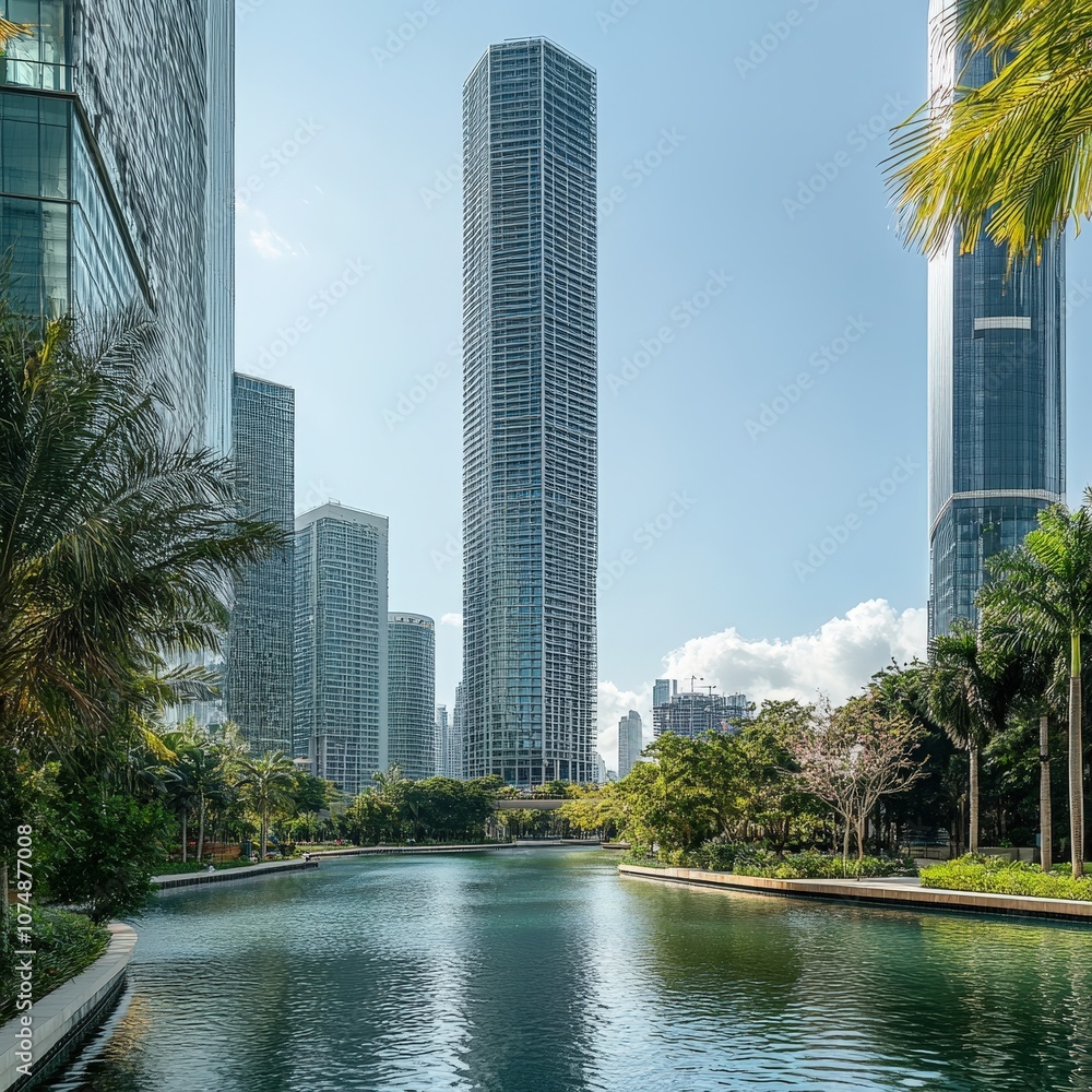 Fototapeta premium Modern Tower Surrounded by Canals in Bright Daylight