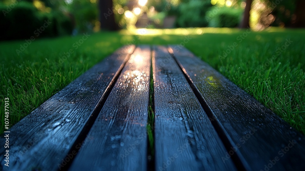 A close-up view of wooden planks on a lush green lawn, illuminated by soft sunlight. A close-up view of wooden planks on a lush green lawn, illuminated by soft sunlight.