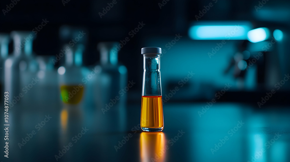 A laboratory experiment showcasing a vibrant orange liquid in a clear vial under soft blue lighting, highlighting scientific research in progress during nighttime A laboratory experiment showcasing a vibrant orange liquid in a clear vial under soft blue lighting, highlighting scientific research in progress during nighttime