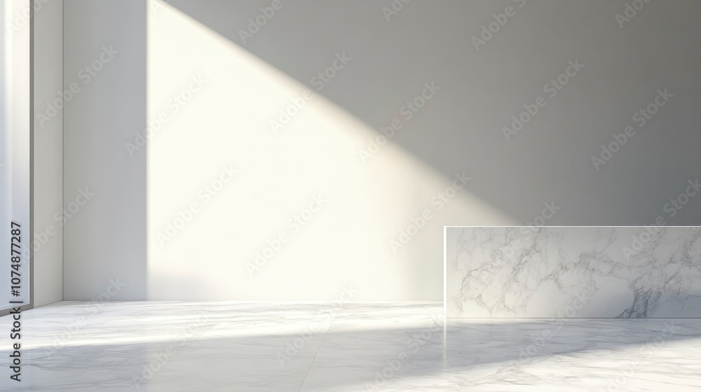Minimalist White Room with Marble Platform and Sunbeams Minimalist White Room with Marble Platform and Sunbeams