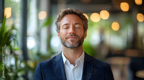 Business professional in navy suit meditating peacefully in modern office setting with natural lighting, indoor plants, and blurred window background.