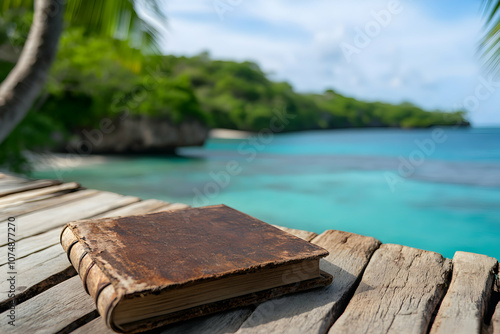 A weathered leather-bound book rests on a wooden dock overlooking a tranquil turquoise bay surrounded by lush greenery on a sunny day photo