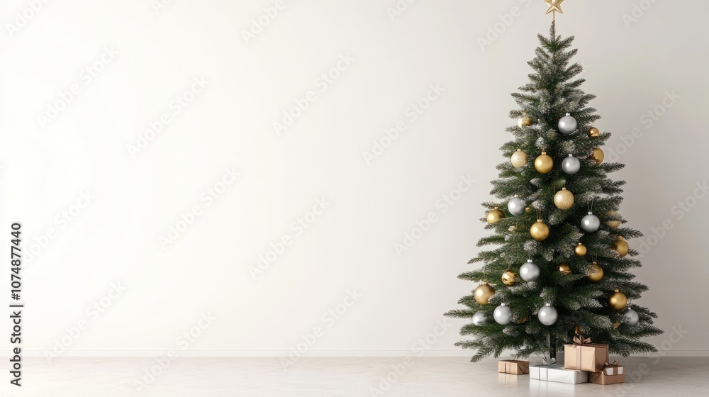 A decorated Christmas tree with gold and silver ornaments and presents underneath. A decorated Christmas tree with gold and silver ornaments and presents underneath.