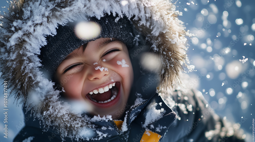 Close-up of a laughing child with a fluffy winter hat, snowflakes caught on their jacket and face, surrounded by glistening snow. Close-up of a laughing child with a fluffy winter hat, snowflakes caught on their jacket and face, surrounded by glistening snow.