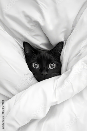 Cute black cat snuggling in bed with its head poking out of the covers.