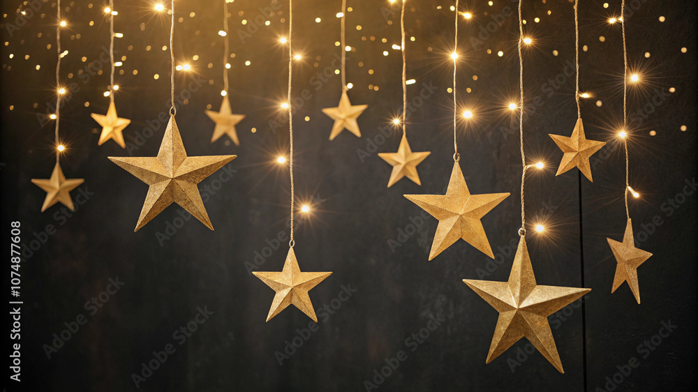 Golden hanging stars on a dark background Golden hanging stars on a dark background