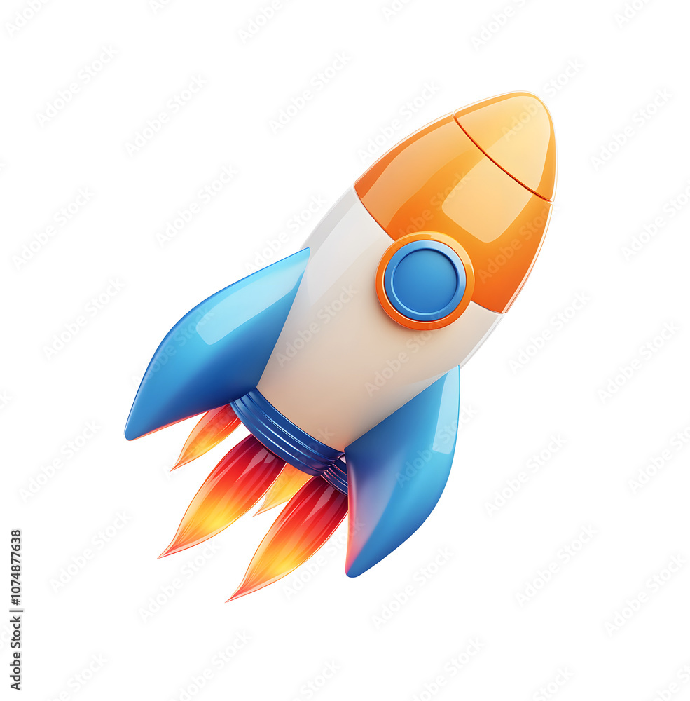 A cartoon rocket ship blasts off against a black background, with flames shooting out of its engines.