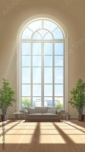 A large arched window with sunbeams streaming through into a room with a sofa and plants.