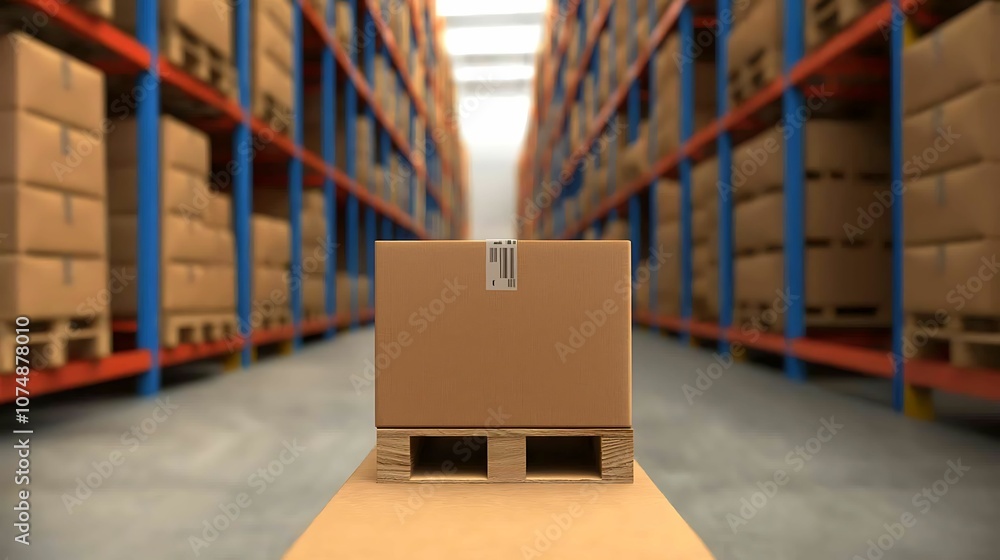 A single cardboard box on a wooden pallet, positioned in a vast warehouse filled with stacked boxes along organized shelves.