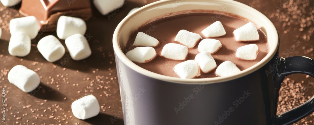 A cozy cup of hot chocolate topped with marshmallows, perfect for warming up. A cozy cup of hot chocolate topped with marshmallows, perfect for warming up.