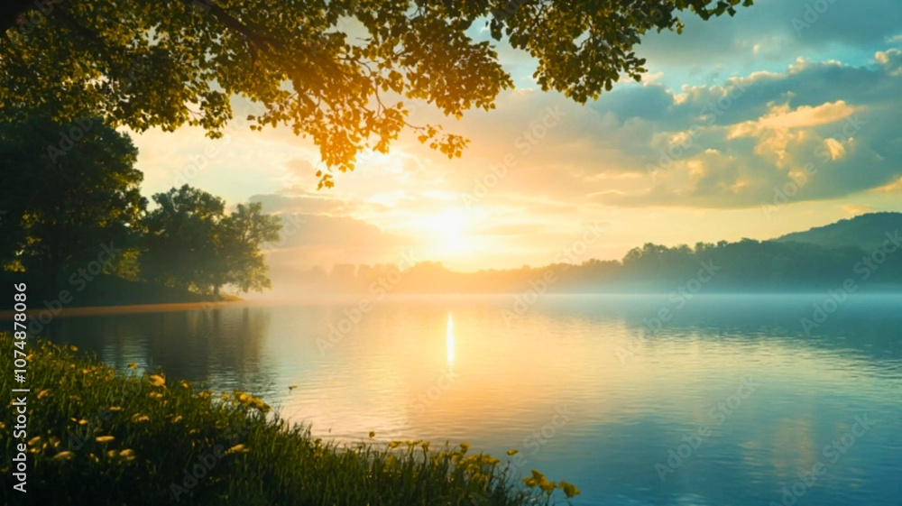 Serene Sunrise Over a Misty Lake with Trees and Grass in Foreground Serene Sunrise Over a Misty Lake with Trees and Grass in Foreground