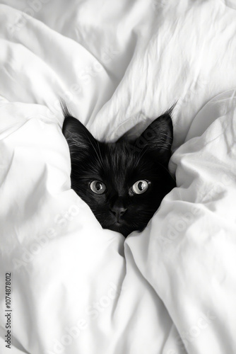 Cute black cat snuggling in bed with its head poking out of the covers.