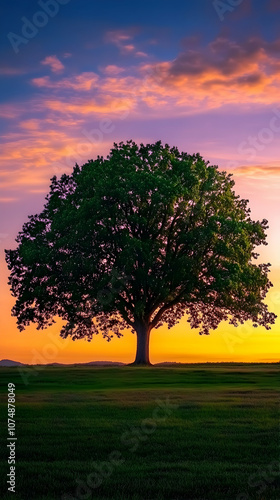 A lone tree stands tall against a vibrant sunset sky, its silhouette outlined against the fiery orange and purple hues.