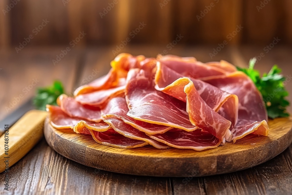 Finas lonchas de jamón curado dispuestas sobre una tabla de madera, decoradas con perejil fresco.
Finas lonchas de jamón curado dispuestas sobre una tabla de madera, decoradas con perejil fresco.