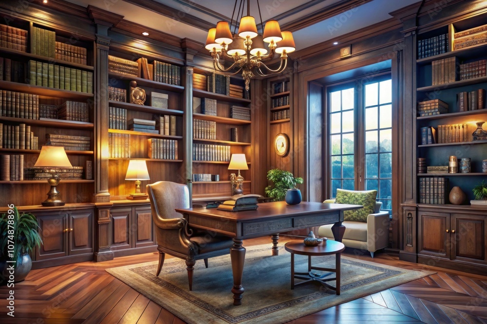 a library with a bookcase with a lamp on the table a library with a bookcase with a lamp on the table