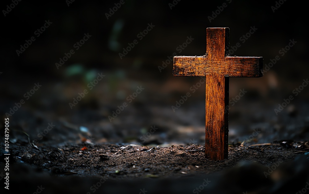 Wooden cross with bokeh light effects on a dark background, perfect for Easter and Christmas church celebrations, copy space for text, generative AI, sacred and joyful ambiance Wooden cross with bokeh light effects on a dark background, perfect for Easter and Christmas church celebrations, copy space for text, generative AI, sacred and joyful ambiance