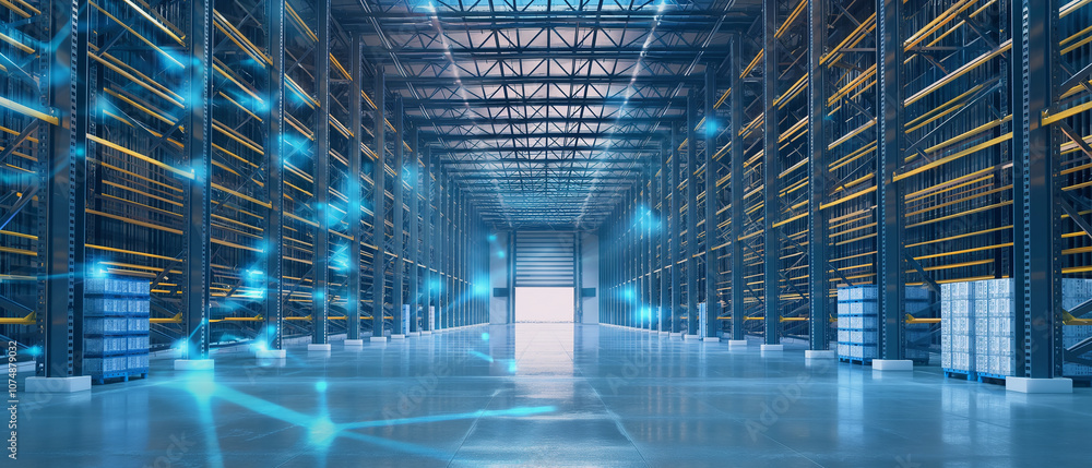 Empty Warehouse with Blue and Yellow Shelves Empty Warehouse with Blue and Yellow Shelves