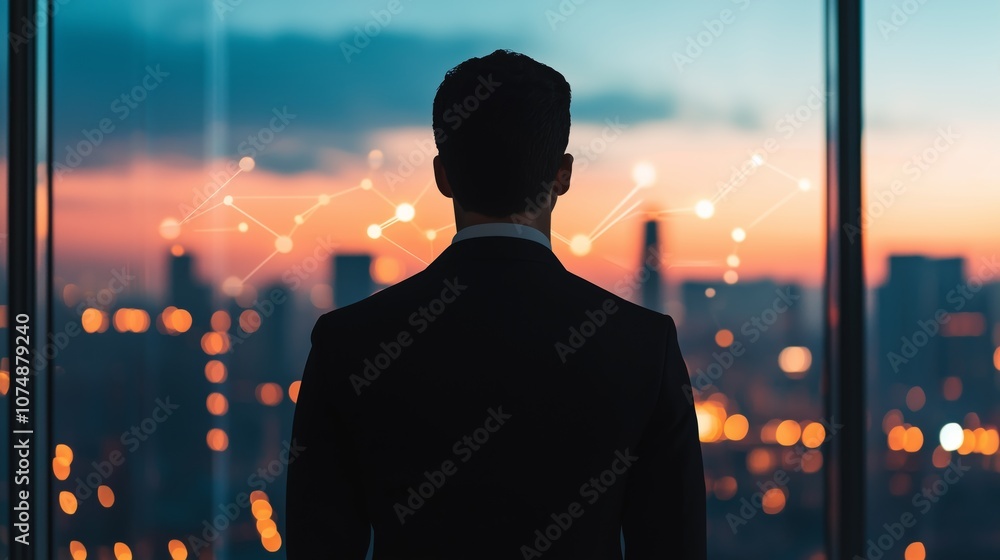 Businessman Looking Out Window at Cityscape with Network Connections Businessman Looking Out Window at Cityscape with Network Connections