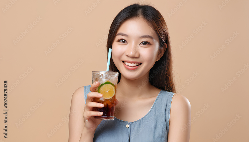 Smile happy thirsty asian young woman drinking or sip, holding glass of ice sparkling soda, cola water with straw, refreshness people, isolated on background. Temptation of food and beverage concept. Smile happy thirsty asian young woman drinking or sip, holding glass of ice sparkling soda, cola water with straw, refreshness people, isolated on background. Temptation of food and beverage concept.