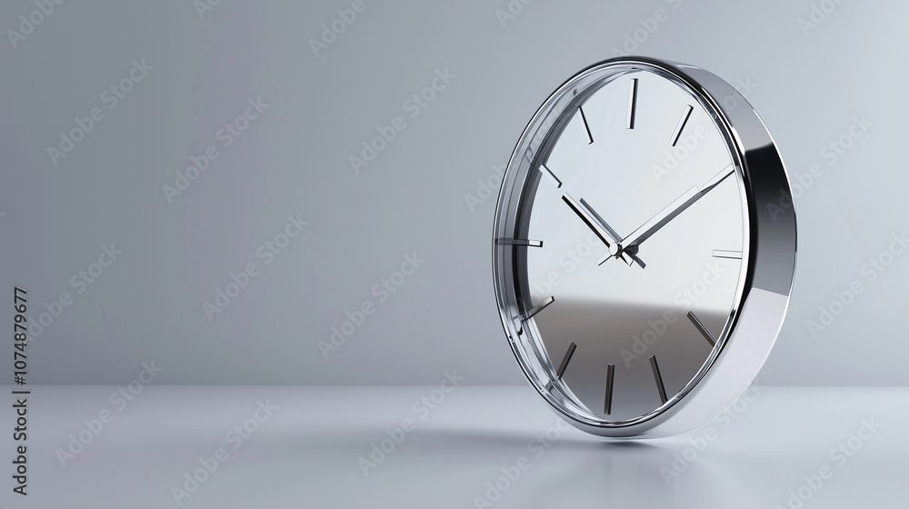 3D rendering of a sleek silver clock with minimalist design, symbolizing time management, against a plain white background. 3D rendering of a sleek silver clock with minimalist design, symbolizing time management, against a plain white background.