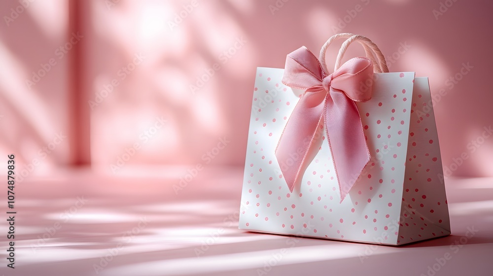 Fototapeta premium Elegant&nbsp;white gift bag featuring pink ribbon bow&nbsp;against soft pastel background, captured with gentle sunlight and diffused lighting for&nbsp;dreamy retail aesthetic.