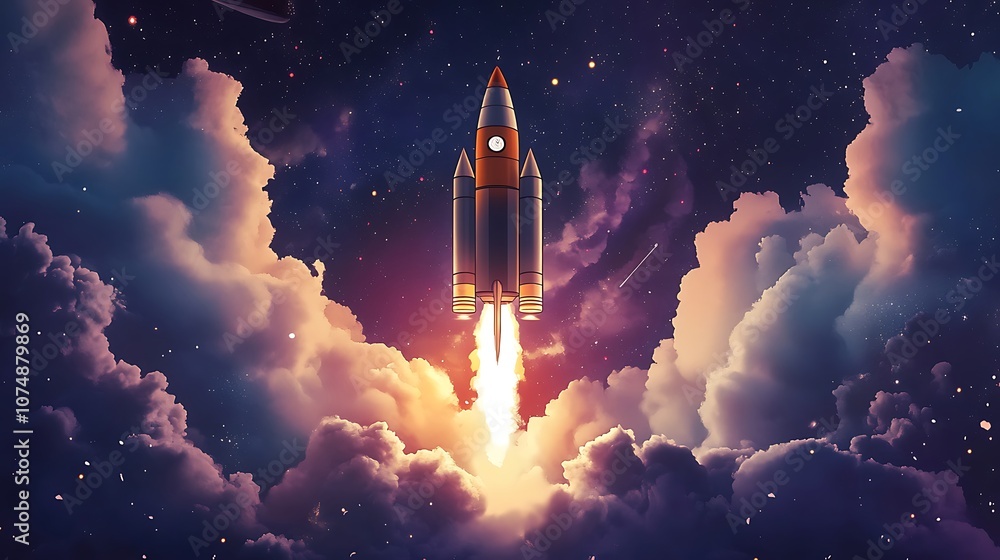 Fototapeta premium Rocket space travel scene from computer screen design photo