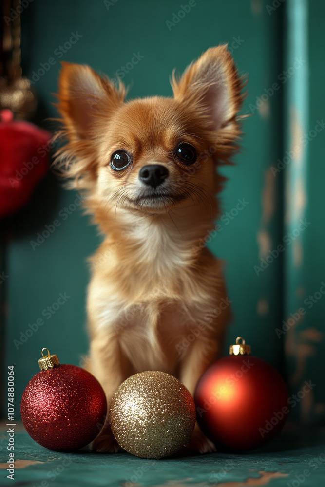 Small dog sitting beside one holiday ornament, with soft shadows and a clean background, emphasizing minimalism, Small dog sitting beside one holiday ornament, with soft shadows and a clean background, emphasizing minimalism,