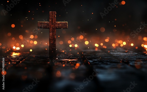 Bokehlit wooden cross on a dark background, ample copy space for Easter and Christmas church concepts, generative AI, warm and spiritual celebration tone photo