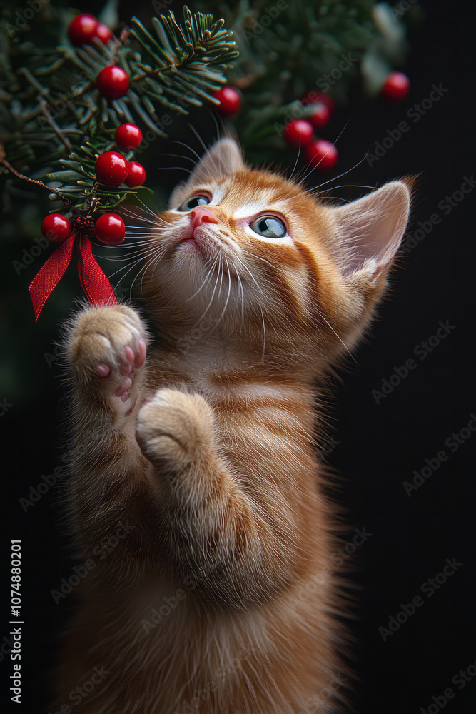 Minimalist scene with a single holiday ribbon and curious kitten paws, set against a clean background, Minimalist scene with a single holiday ribbon and curious kitten paws, set against a clean background,