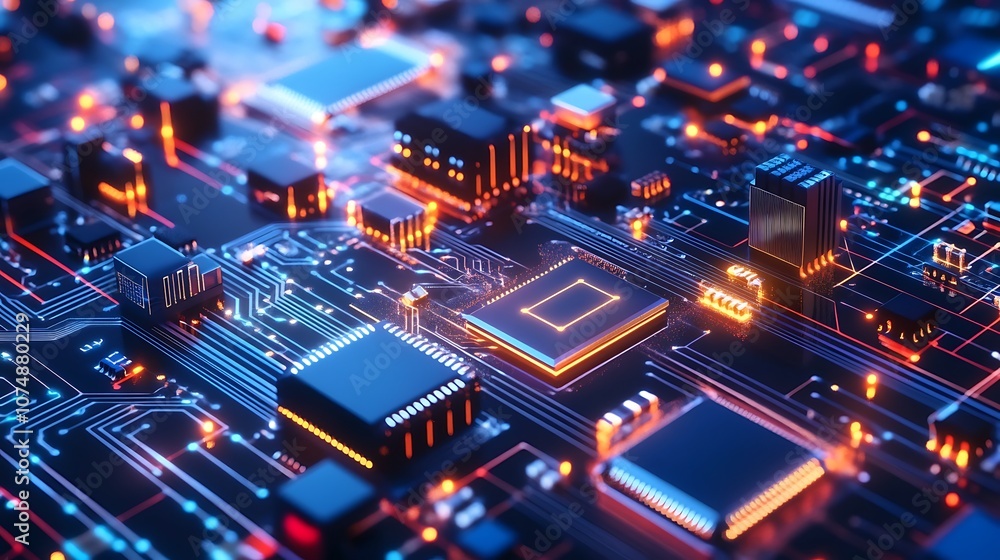 Fototapeta premium Close-up of a glowing circuit board with microchips.