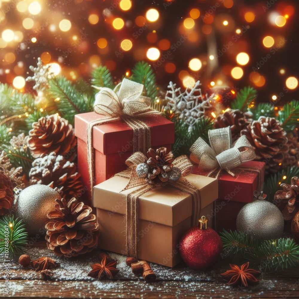 christmas and new year background - gift boxes and pine cones and branches on the background of bokeh garlands
christmas and new year background - gift boxes and pine cones and branches on the background of bokeh garlands