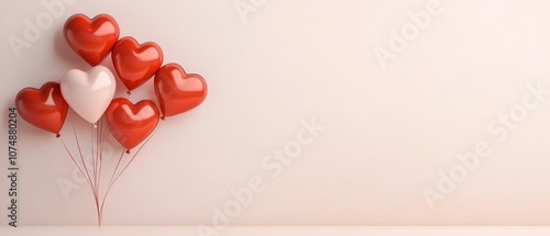  Globos en forma de corazones rojos y blancos agrupados contra un fondo minimalista beige.
