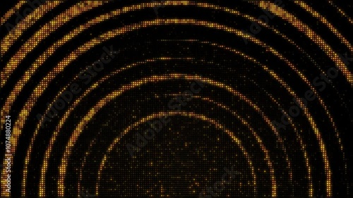 Golden lights backdrop set, abstract tunnel portal circles, seamless loop video animation, flashing light bulb, wall of lights motion graphics.