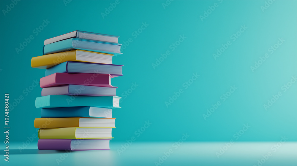 3D stack of books with colorful covers, representing learning and knowledge, on a soft blue background. 3D stack of books with colorful covers, representing learning and knowledge, on a soft blue background.