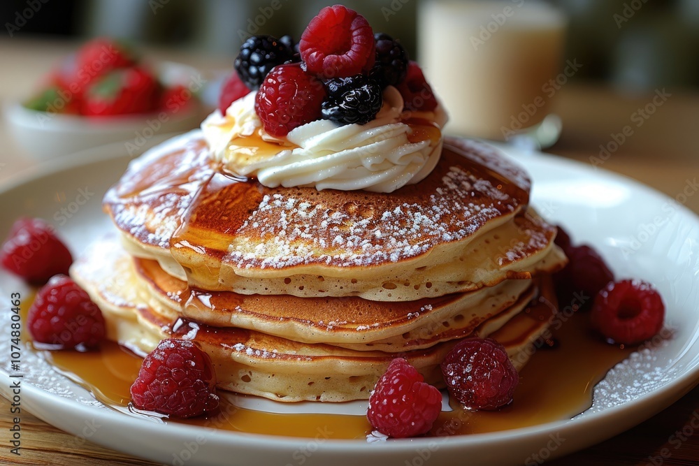 Stack of Buttery Pancakes Topped with Whipped Cream, Berries, and Drizzled Syrup Stack of Buttery Pancakes Topped with Whipped Cream, Berries, and Drizzled Syrup