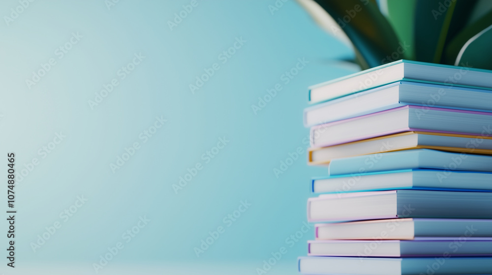3D stack of books with colorful covers, representing learning and knowledge, on a soft blue background. 3D stack of books with colorful covers, representing learning and knowledge, on a soft blue background.
