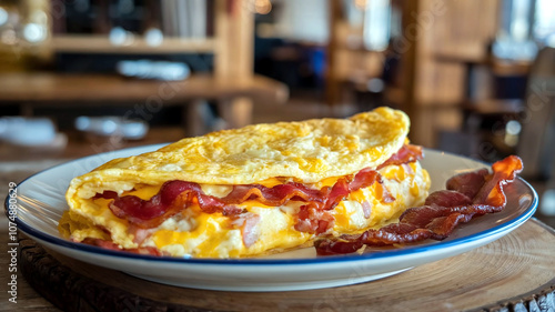 Wallpaper Mural Delicious breakfast plate with fluffy omelet and crispy bacon on a rustic table setting in a cozy restaurant background, perfect for food and lifestyle visuals.  Torontodigital.ca