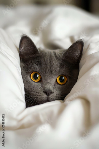 Cute grey cat playing in bed poking its head out of the duvet covers.