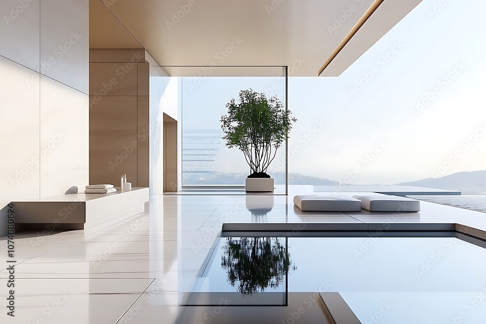 Fototapeta premium Modern Minimalist Architecture with Pool and Sky View